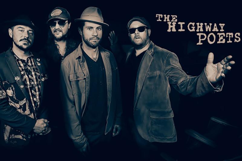 Still portrait of music group, The Highway Poets, in black and white in front of a black background.