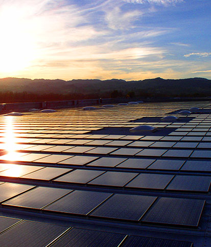A wide view of the solar panels on the roof of the cellar at Rodney Strong while the sun sets in the sky in the distance