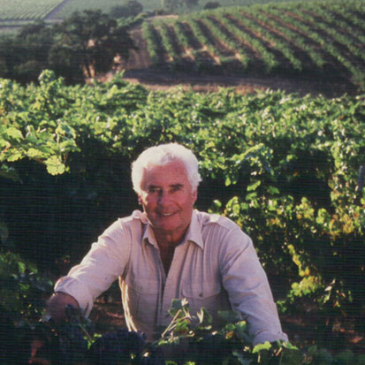 Rod Strong smiles while standing in between rows of vineyards with more rolling vineyards behind him