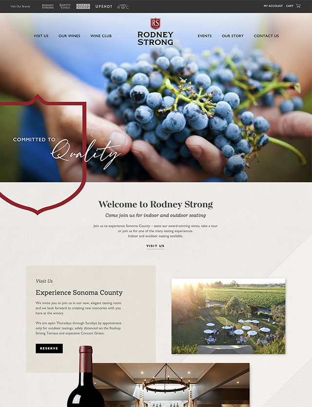 A screengrab of the homepage of Rodney Strong Vineyards' website is shown, with images of hands holding grapes visible.