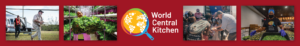 Various small images of people preparing and delivering food to those in need in the wake of natural disasters and world crises next to the logo for the charity World Central Kitchen against a red background
