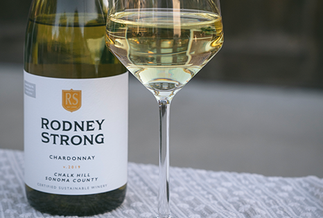 Glass and bottle of Rodney Strong chardonnay