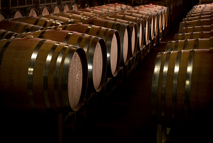 Barrels lined up in the barrel room