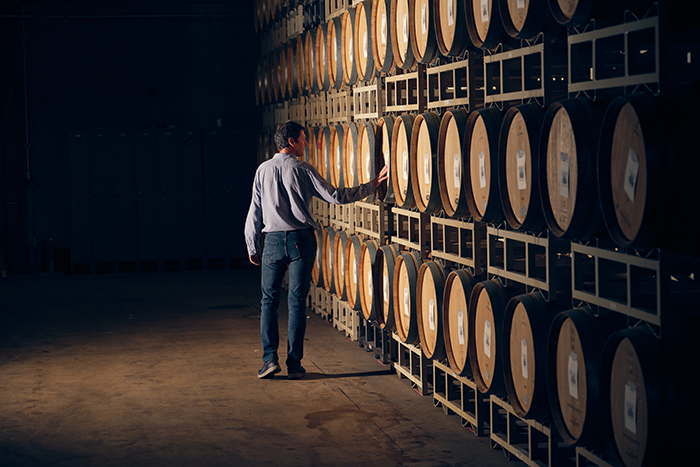 Man looking at wine barrels in cellar