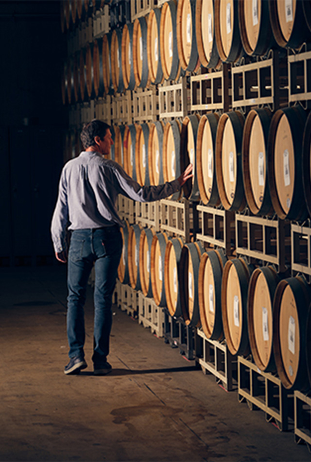 Man walking by a row of stacked wine barrels