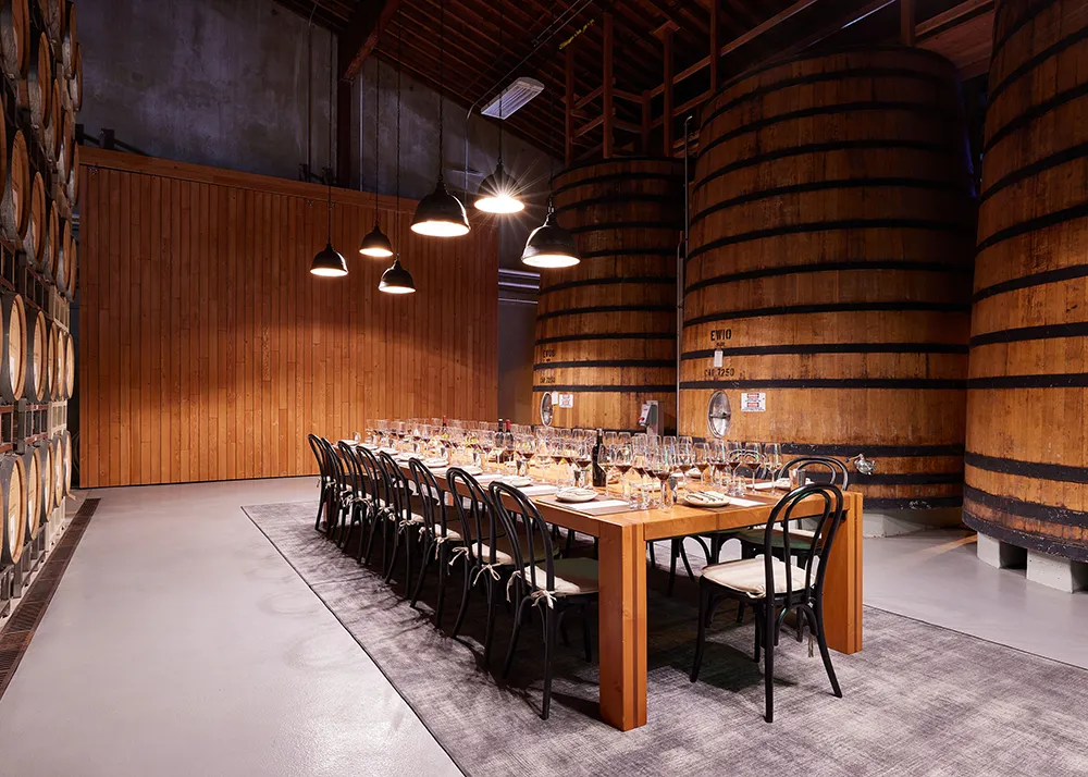 Cellar door table set for a meal